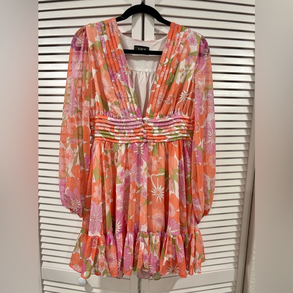VICI Floral Mini Dress Puff Sleeve Pleated Waist Retro Elegant | Size Small